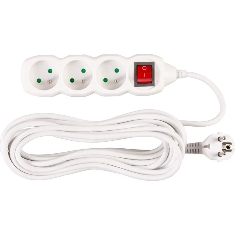 Predlžovací kábel DG-F803BK 7 m, biely, 3 zásuvky + vypínač