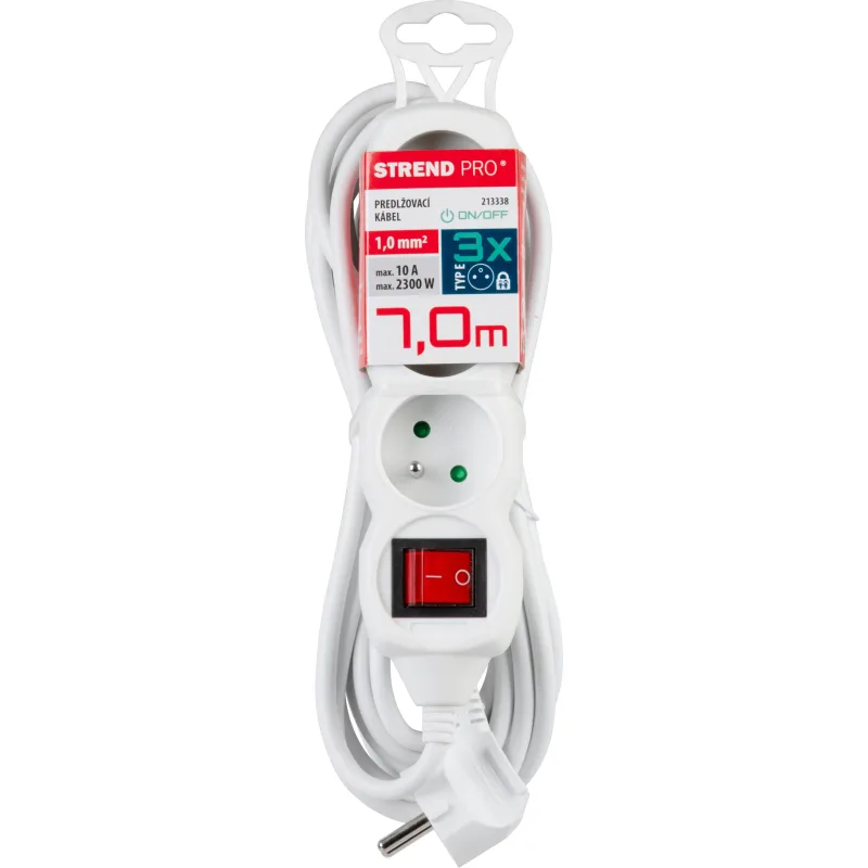 Predlžovací kábel DG-F803BK 7 m, biely, 3 zásuvky + vypínač