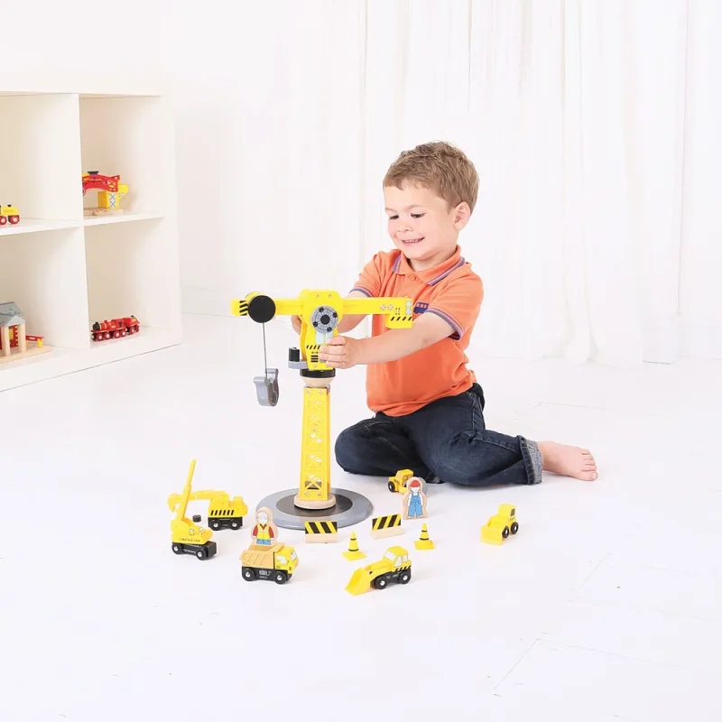 Bigjigs Rail Drevené vláčiky - Žeriav a stavebné stroje