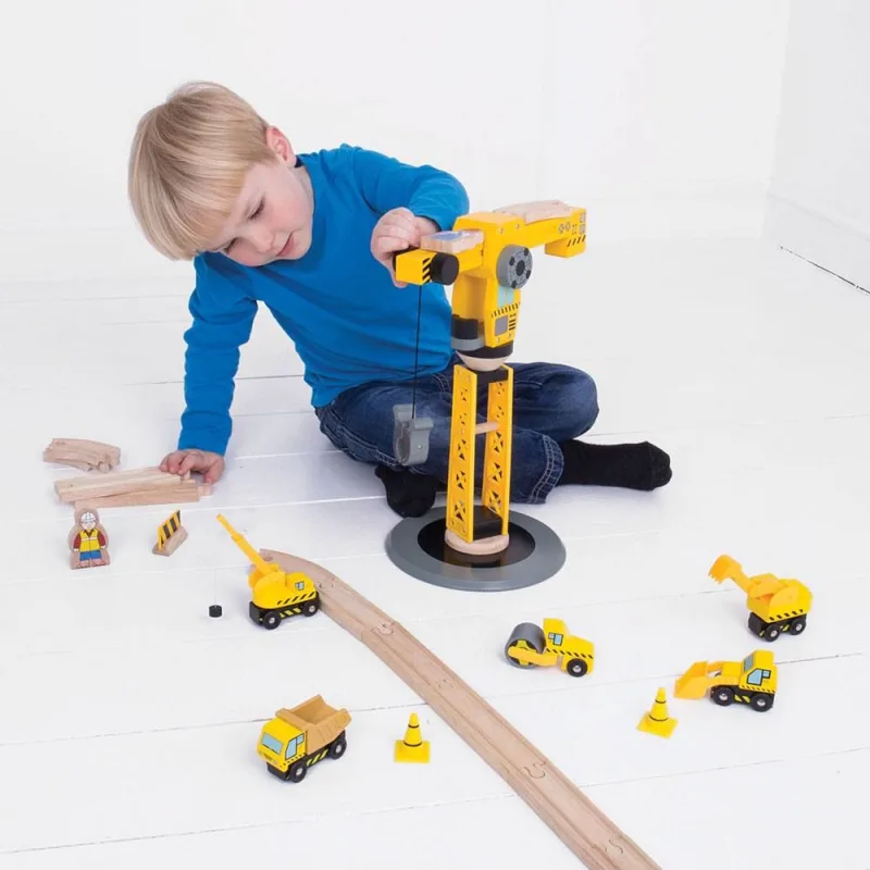 Bigjigs Rail Drevené vláčiky - Žeriav a stavebné stroje
