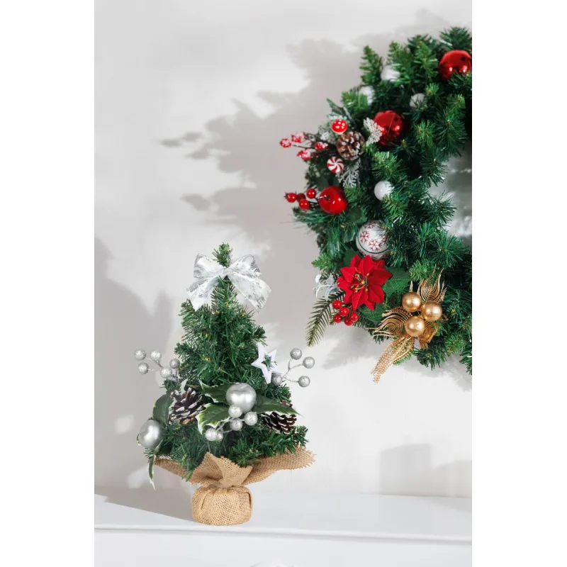 Vianočná dekorácia stromček, strieborné ozdoby, 30 cm