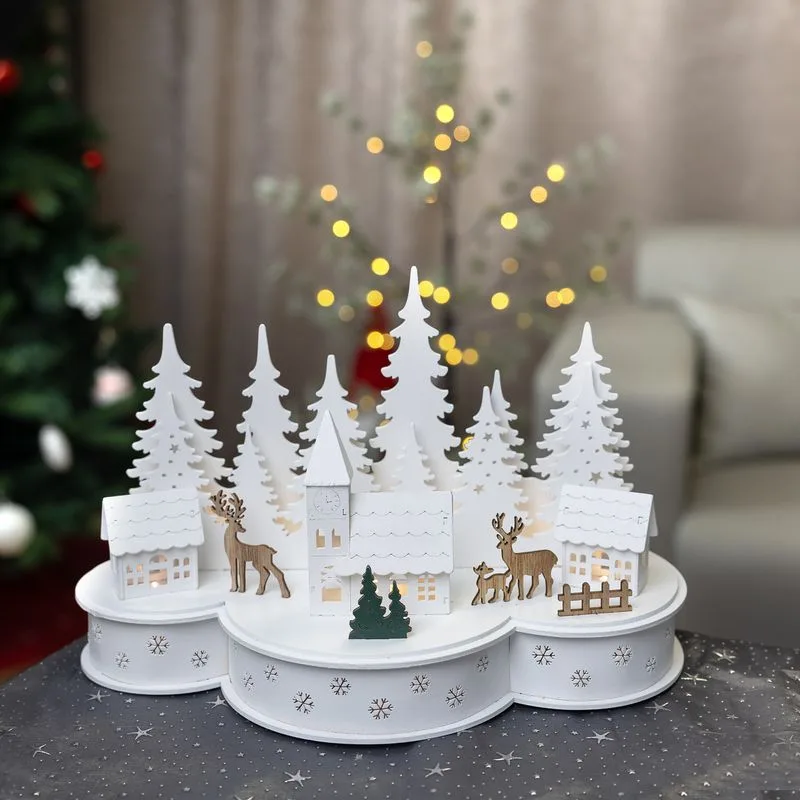 Vianočná dekorácia Dedinka s jeleňmi, 10 LED teplá biela, 2xAA, MDF, 30x14x19,5 cm