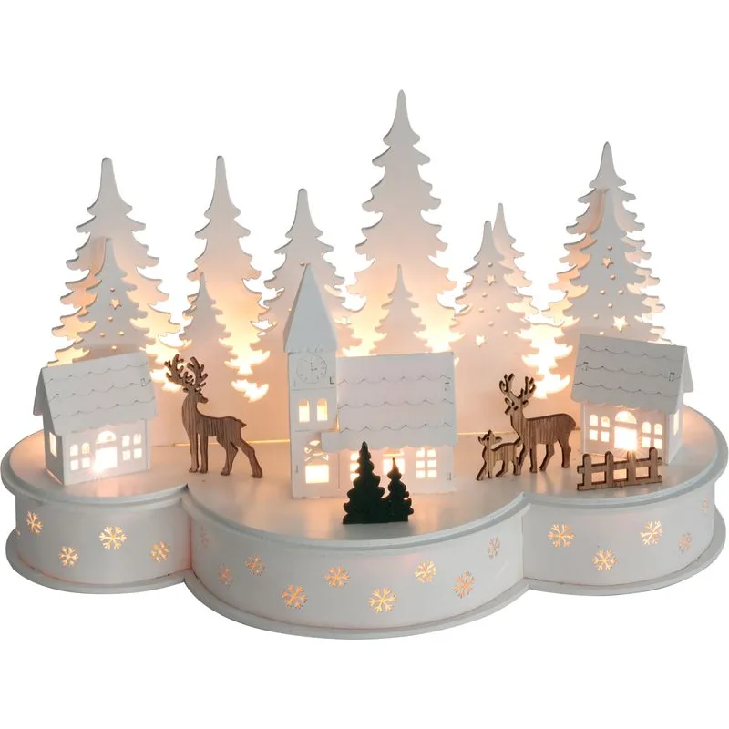 Vianočná dekorácia Dedinka s jeleňmi, 10 LED teplá biela, 2xAA, MDF, 30x14x19,5 cm