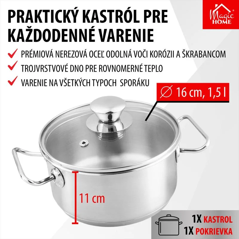 Kastról MagicHome Chloe, hrniec, 16 cm, 1,5 lit., so sklenenou pokrievkou, nerez