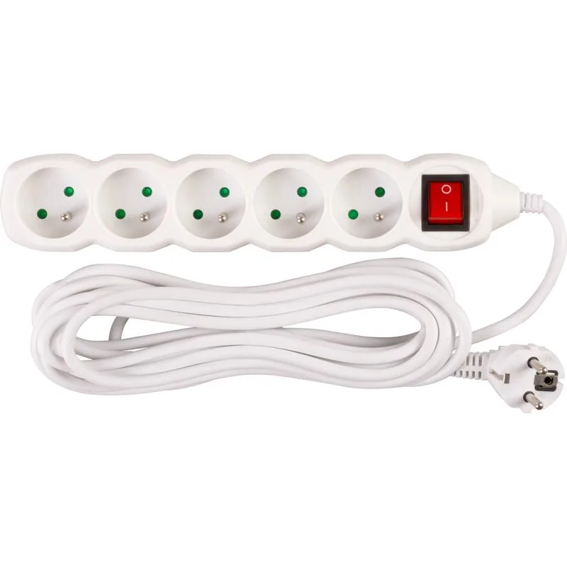 Predlžovací kábel DG-F805BK 5 m, biely, 5 zásuviek + vypínač