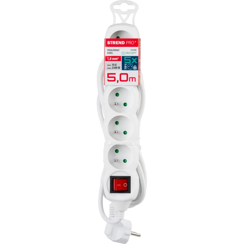 Predlžovací kábel DG-F805BK 5 m, biely, 5 zásuviek + vypínač