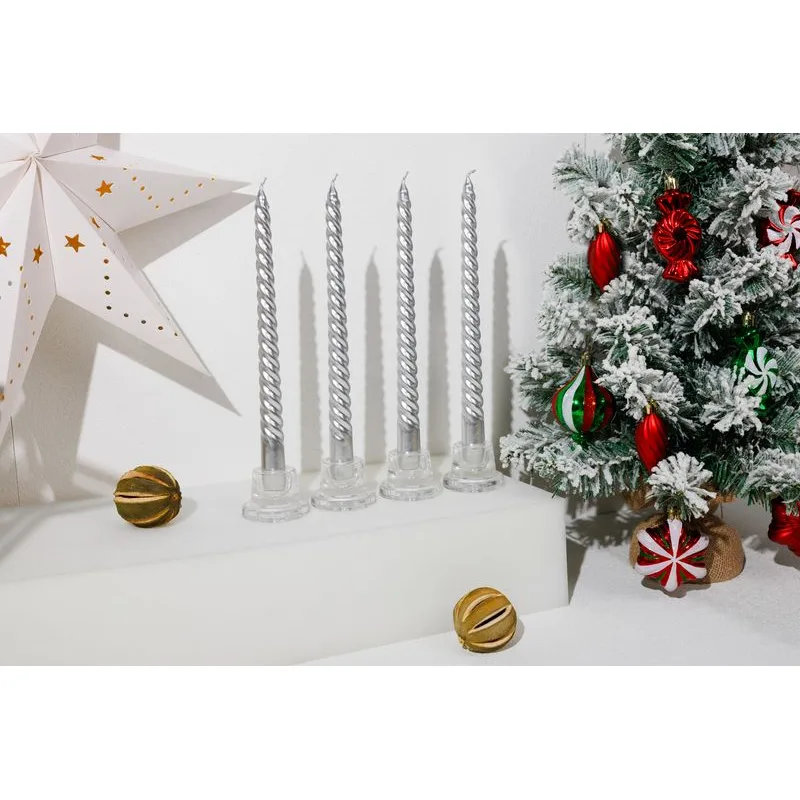 Strieborné špirálové sviečky MagicHome, 25 cm, balenie 4 ks