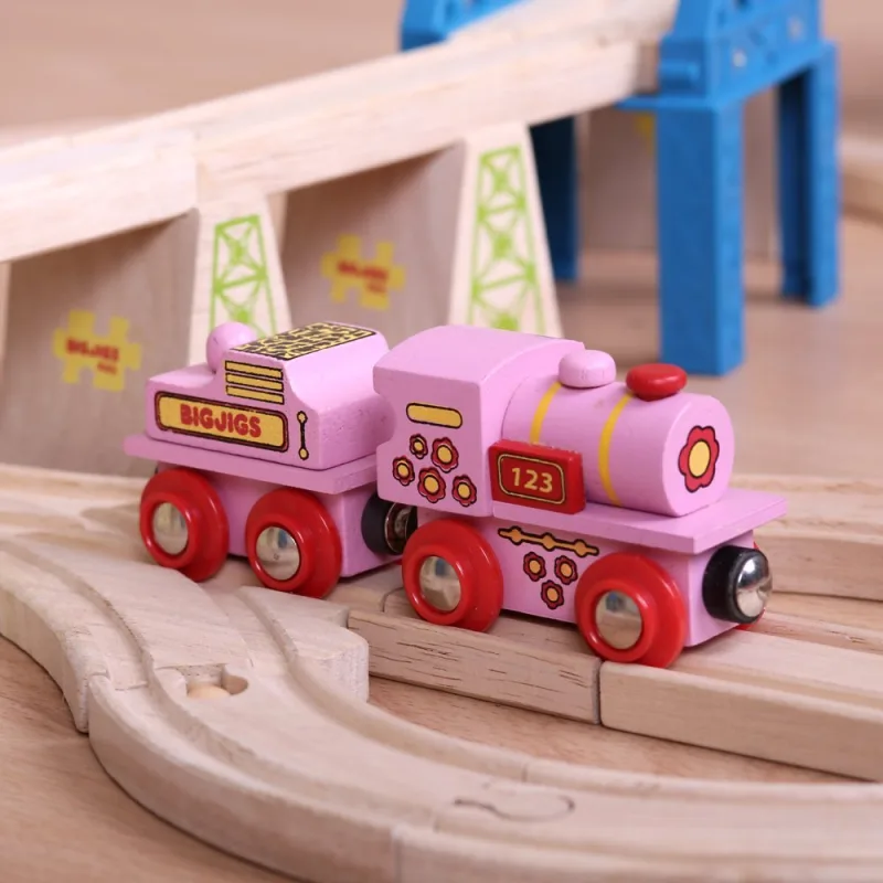 Bigjigs Rail Drevené vláčiky - Ružová mašinka s tendrom