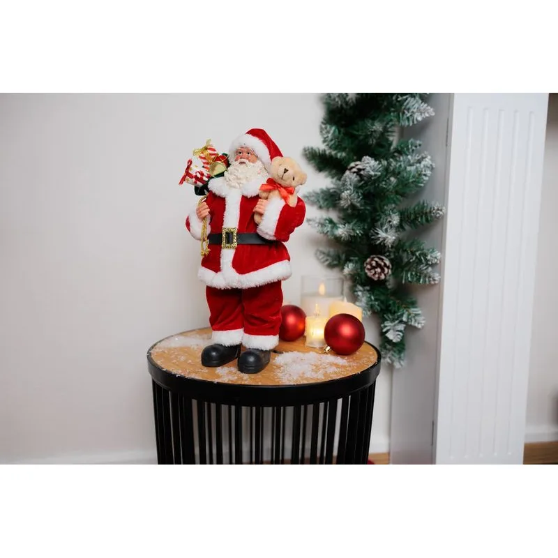 Vianočná dekorácia Santa s darčekmi a medvedíkom, červený, 30 cm