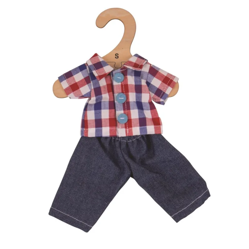 Bigjigs Toys Kockovaná košeľa a rifle pre bábiku 28 cm