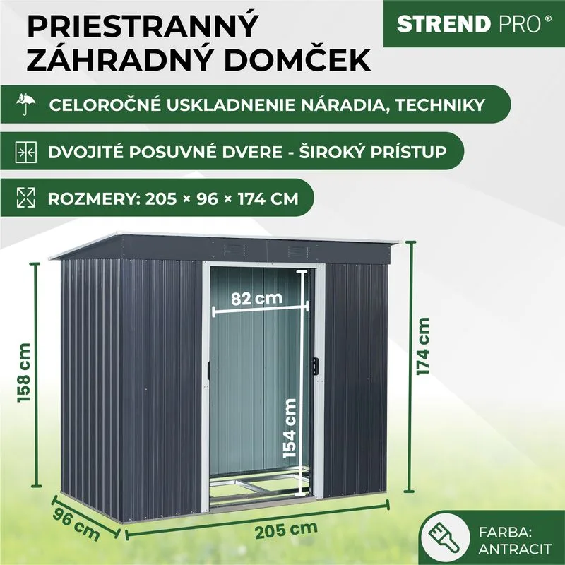 Domček Strend Pro, záhradný, plech, antracit, so základňou, 217x110x174 cm