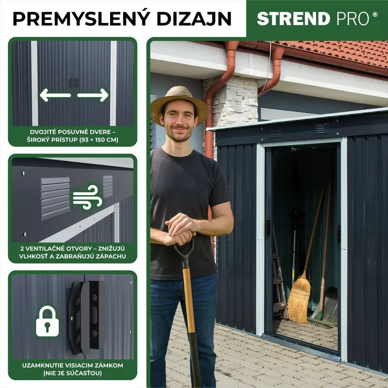 Domček Strend Pro, záhradný, plech, antracit, so základňou, 217x110x174 cm