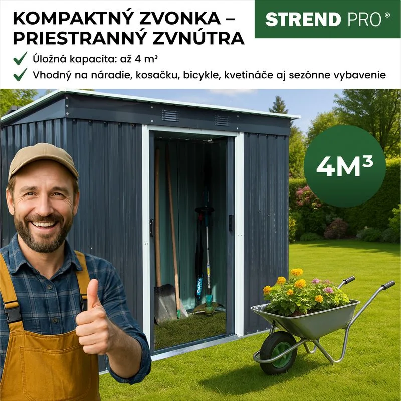 Domček Strend Pro, záhradný, plech, antracit, so základňou, 217x110x174 cm