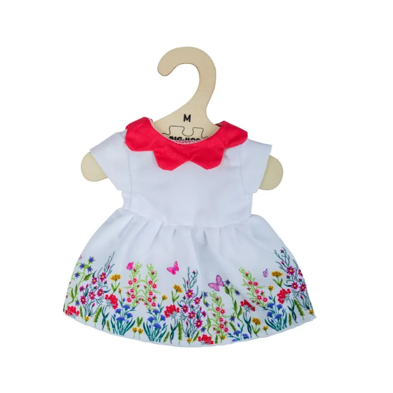 Bigjigs Toys Biele kvetinové šaty s červeným golierom pre bábiku 28 cm