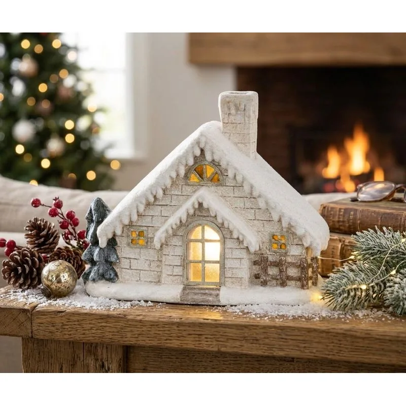 Vianočná dekorácia Domček s komínom, magnesia, 40 cm, LED