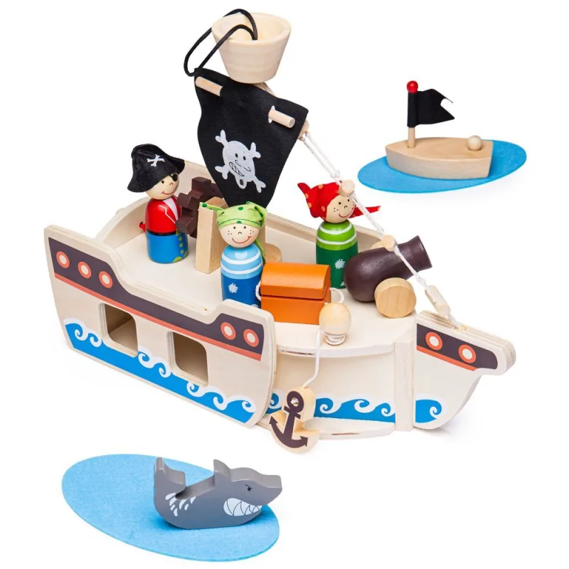 Bigjigs Toys Drevený hrací set Pirátska loď