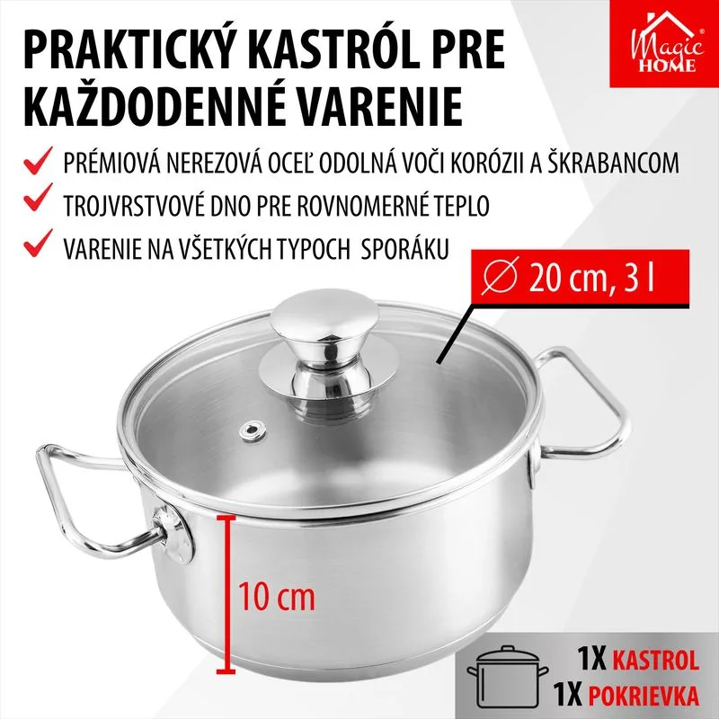 Kastról MagicHome Chloe, hrniec, 20 cm, 3 lit., so sklenenou pokrievkou, nerez