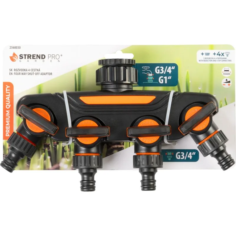 Rozbočovač Strend Pro Garden, 4-cestný, s ventilmi, plastový