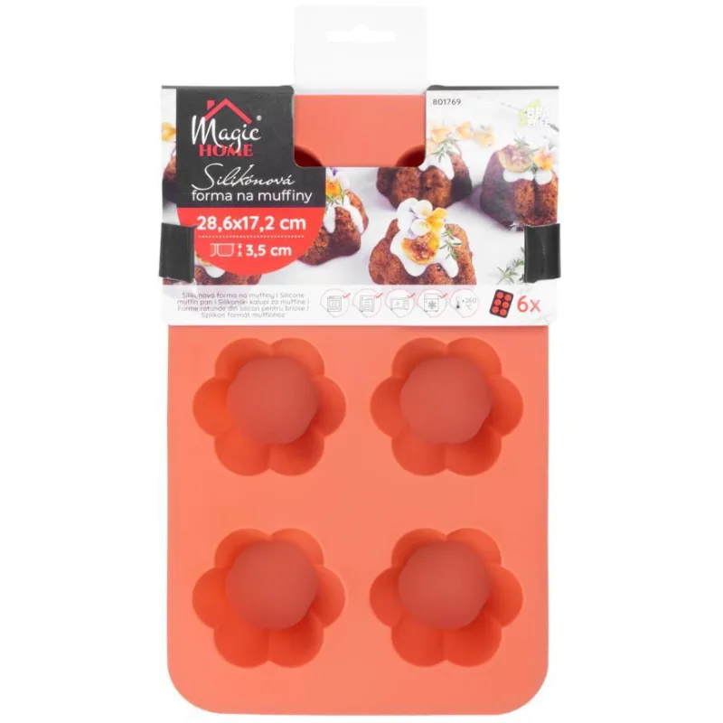 Silikónová forma na 6 muffinov MagicHome – vzor kvet, červená