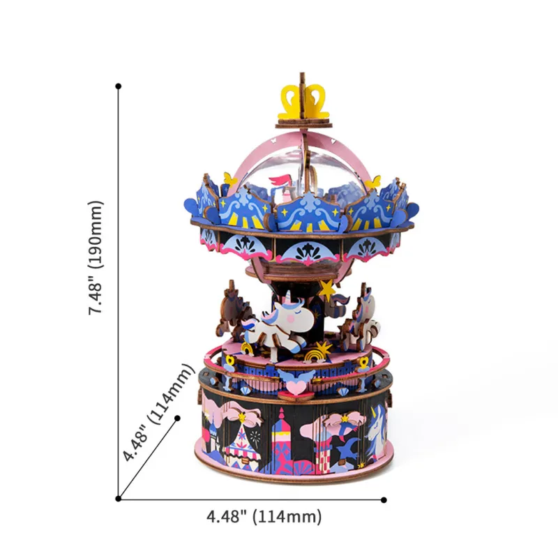RoboTime Drevené 3D mechanické puzzle Hracia skrinka Veselý kolotoč 174 ks