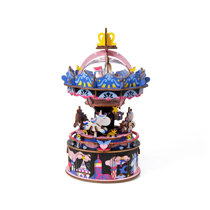 RoboTime Drevené 3D mechanické puzzle Hracia skrinka Veselý kolotoč 174 ks