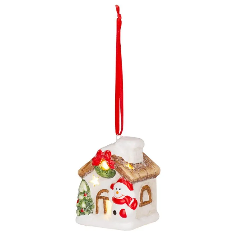 Vianočná dekorácia Domček so snehuliakom, LED, terakota, závesný, 7 cm