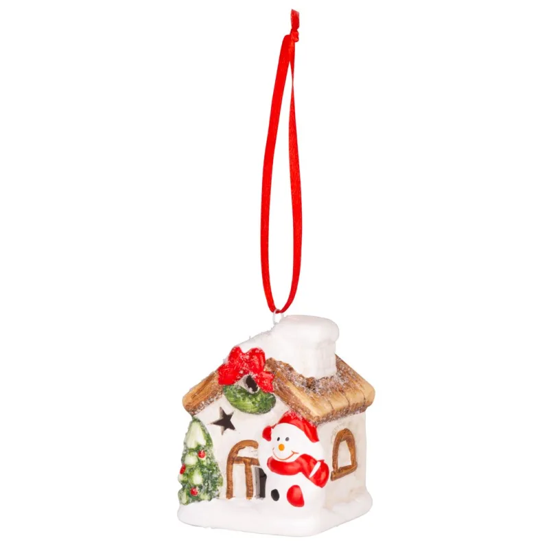 Vianočná dekorácia Domček so snehuliakom, LED, terakota, závesný, 7 cm