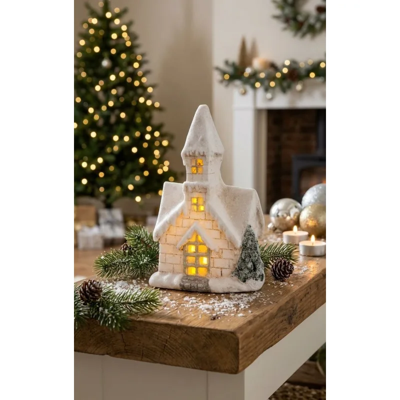 Vianočná dekorácia Kostol, magnesia, 27 cm, LED osvetlenie
