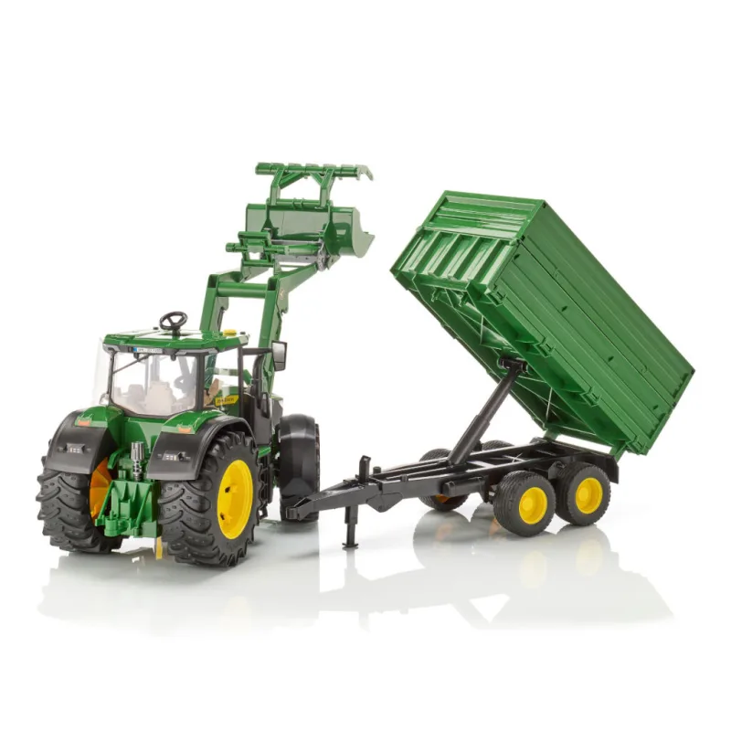 Bruder 3155 Traktor John Deere 7R 350 s čelným nakladačom a tandemovým prepravným prívesom