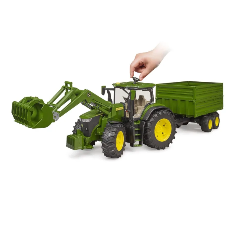 Bruder 3155 Traktor John Deere 7R 350 s čelným nakladačom a tandemovým prepravným prívesom