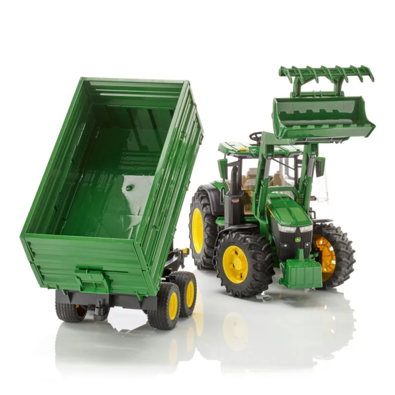 Bruder 3155 Traktor John Deere 7R 350 s čelným nakladačom a tandemovým prepravným prívesom