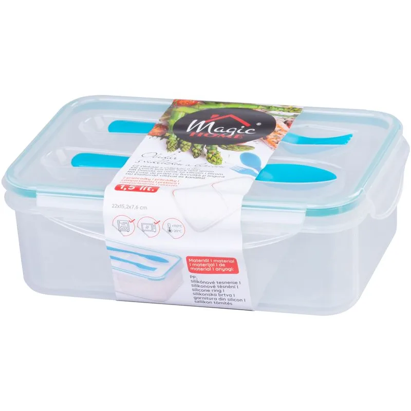 Obedár MagicHome, 1,5 l, hranatý, 2 priehradky, s vidličkou a lyžicou
