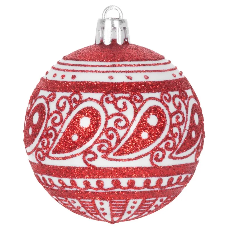 Vianočné ozdoby na stromček 8 ks, 6 cm, červené s bielym ornamentom