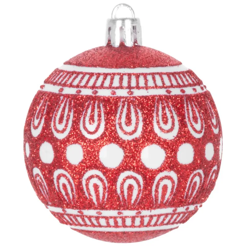 Vianočné ozdoby na stromček 8 ks, 6 cm, červené s bielym ornamentom