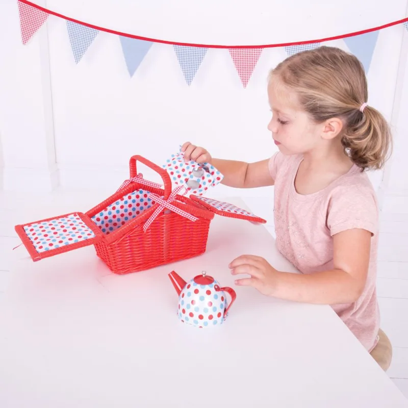 Bigjigs Toys Čajová bodkovaná sada v piknikovom koši