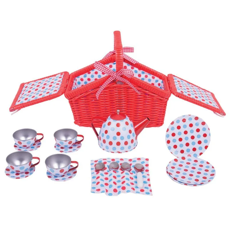 Bigjigs Toys Čajová bodkovaná sada v piknikovom koši