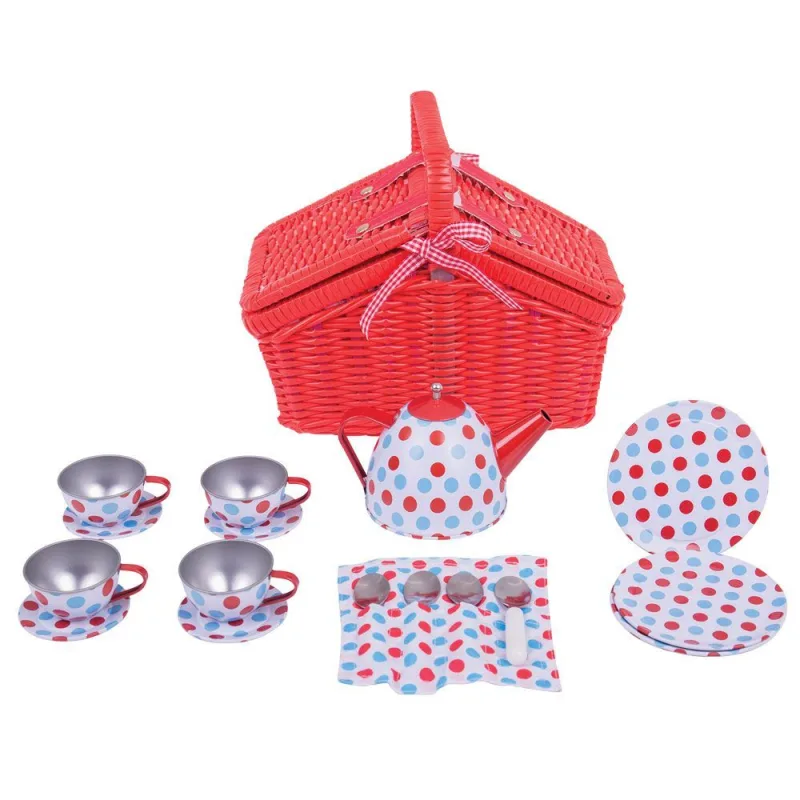Bigjigs Toys Čajová bodkovaná sada v piknikovom koši