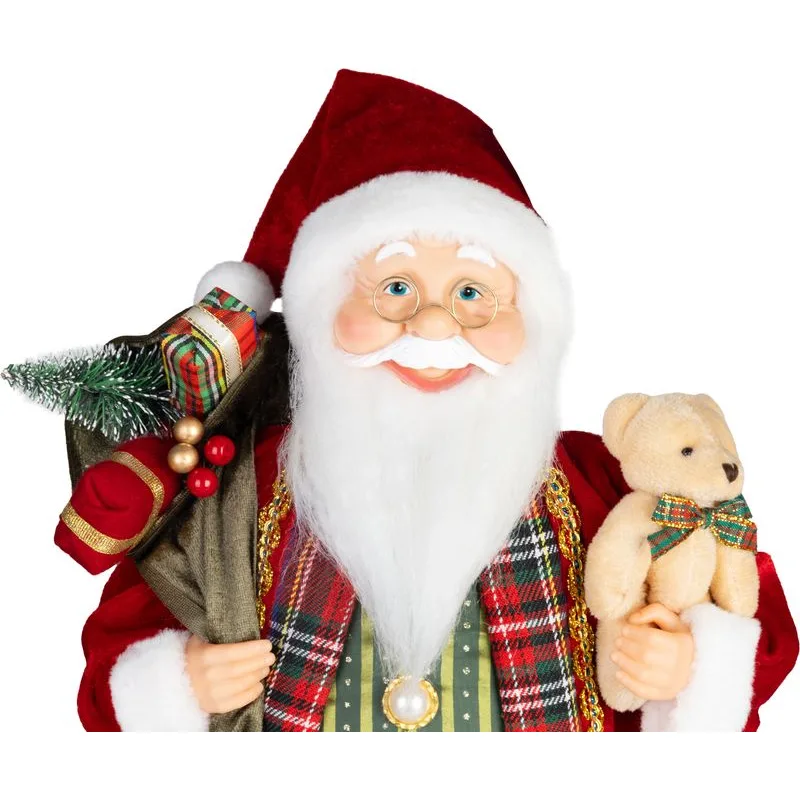 Vianočná dekorácia Santa, s darčekom a medveďom, červený, 46 cm