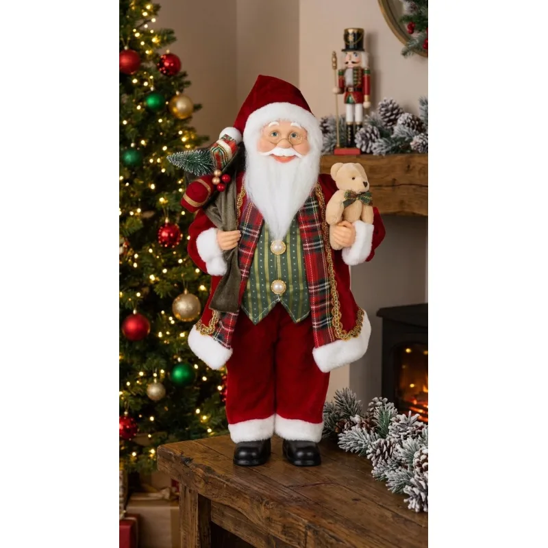 Vianočná dekorácia Santa, s darčekom a medveďom, červený, 46 cm