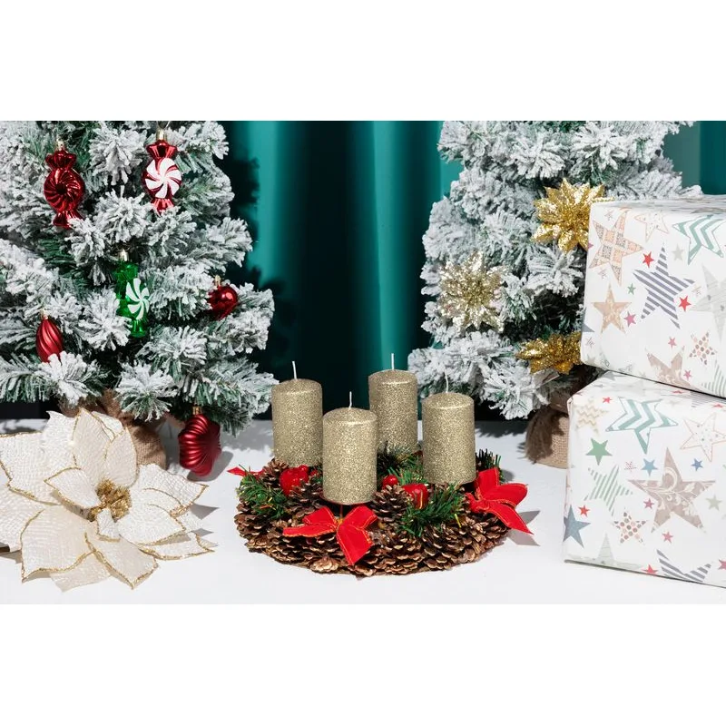 Adventné sviečky MagicHome, 4,8×8 cm, šampanské, trblietavé, sada 4 ks