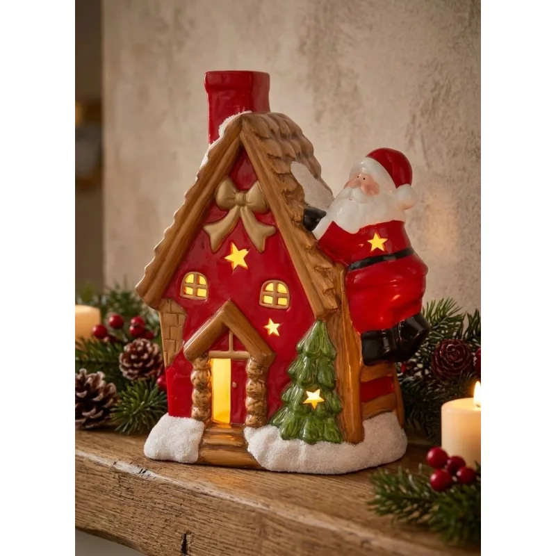 Vianočná dekorácia Domček so Santom na streche, LED, terakota, 34 cm