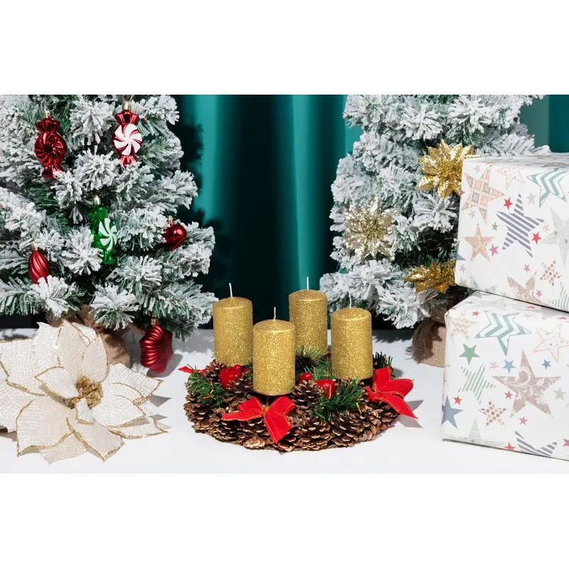 Adventné sviečky MagicHome, 4,8×8 cm, zlaté, trblietavé, sada 4 ks