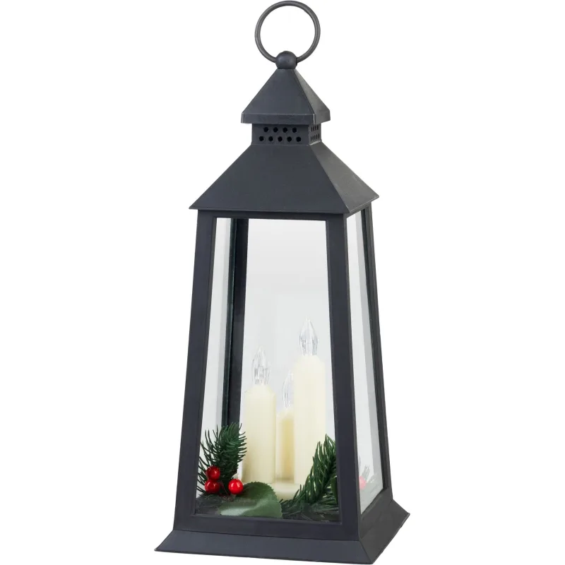 Vianočný lampáš plast, čierny, 3xLED žltá, 14x14x35 cm, 3xAAA