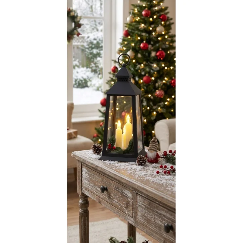 Vianočný lampáš plast, čierny, 3xLED žltá, 14x14x35 cm, 3xAAA