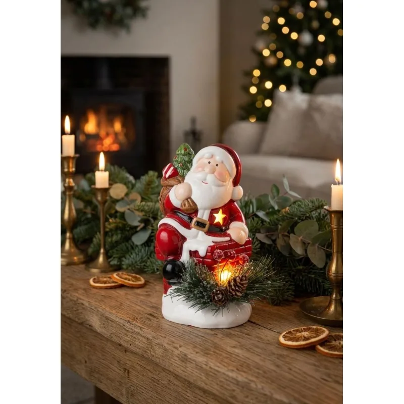 Vianočná dekorácia Santa s čečinou, LED, terakota, 13,7 cm