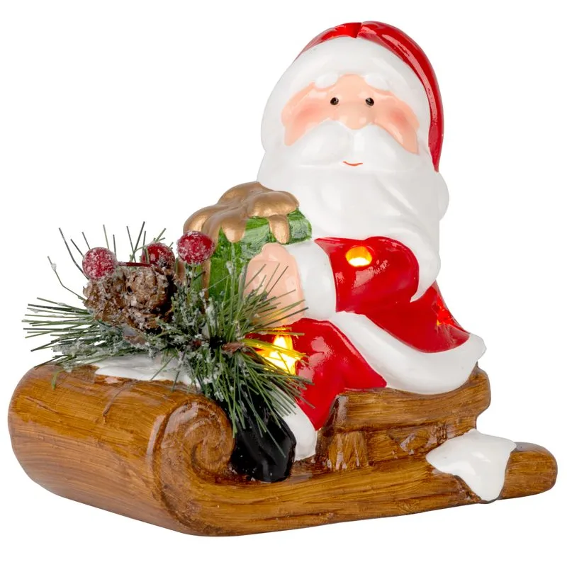 Vianočná dekorácia Santa na saniach, LED, terakota, 12,6x8,5x11,5 cm