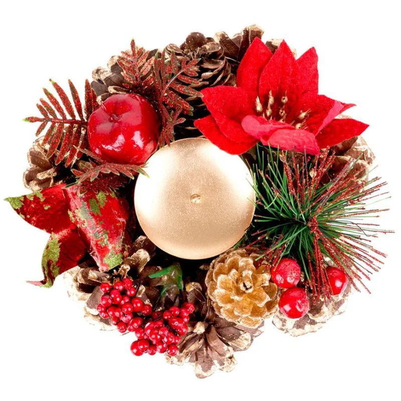 Vianočný svietnik MagicHome, prírodný s čečinou a kvetom, 15 cm
