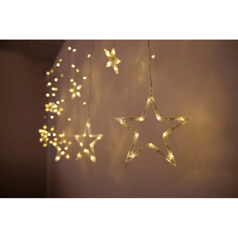 Vianočné osvetlenie reťaz Curtain, 138× LED, teplá biela, s hviezdami, 2,2×0,9 m, exteriér