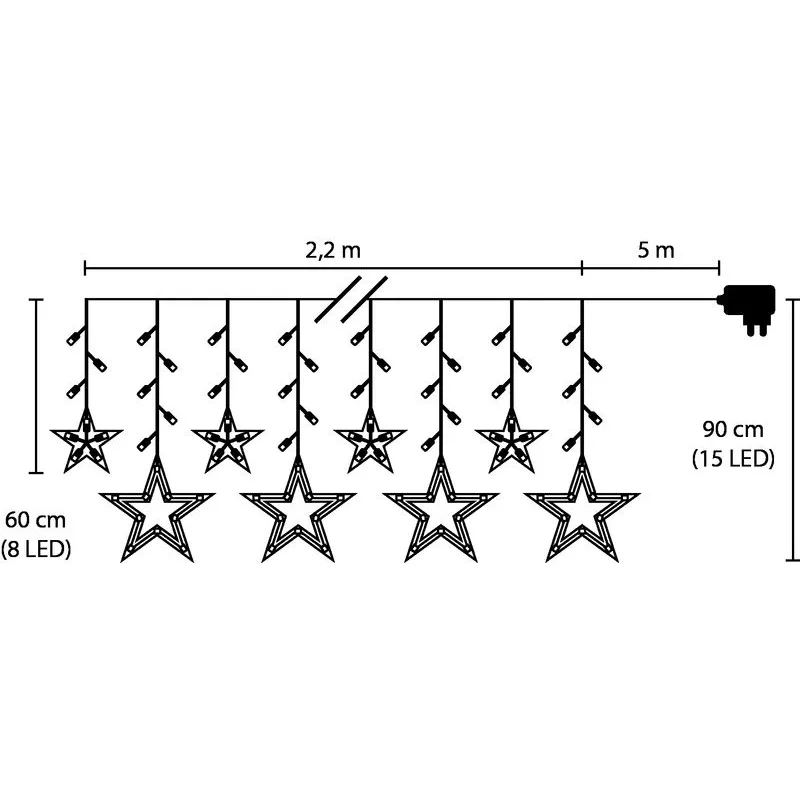 Vianočné osvetlenie reťaz Curtain, 138× LED, teplá biela, s hviezdami, 2,2×0,9 m, exteriér
