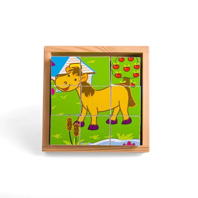 Bigjigs Toys Drevené obrázkové kocky kubusy - Zvieratká 9 kociek